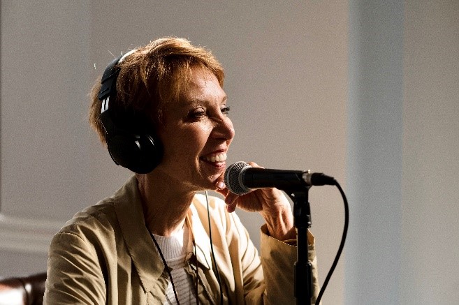 Kim Marshall at podcast recording setup